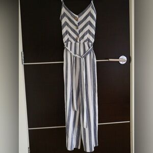 Navy and White Striped Jumpsuit with Belt